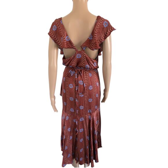 Anthropologie Ruffle Wrap Midi Dress Deep V Floral Boho Cottagecore Flowy Satin - Picture 5 of 9